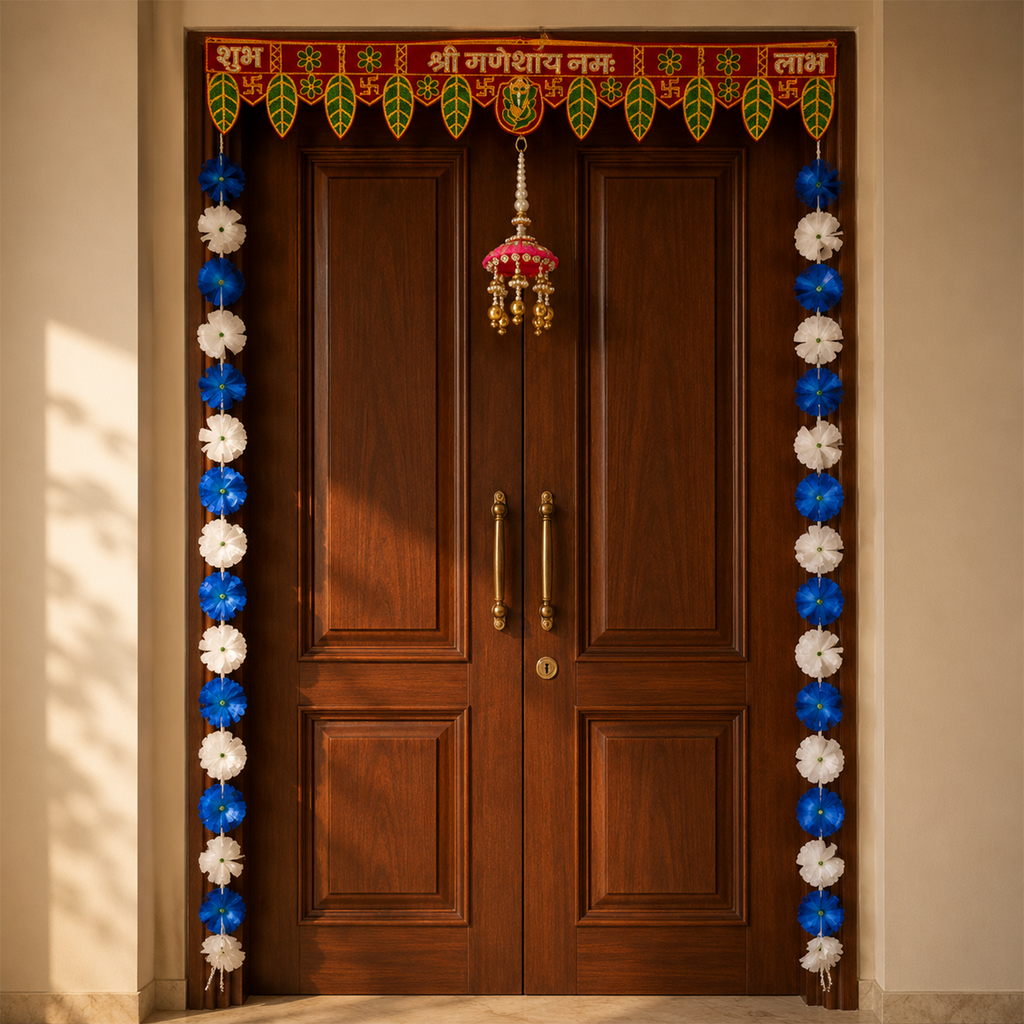 Artificial Flower Toran Set for Door Entrance – Decorative Shubh Labh Hanging with Side Strings for Diwali, Wedding, and Home Decor (Blue & White)