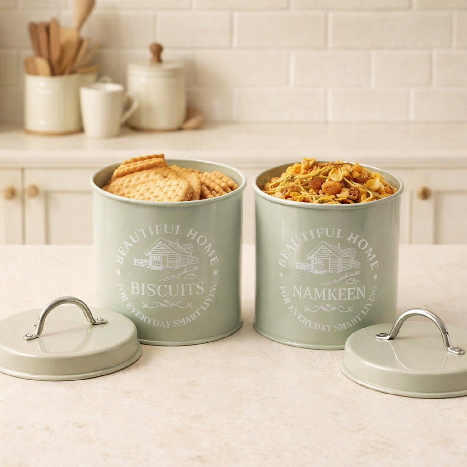 Biscuit and Namkeen Canister Set of 2 - Large Metal Snack Storage Jars with Airtight Lids & Handles