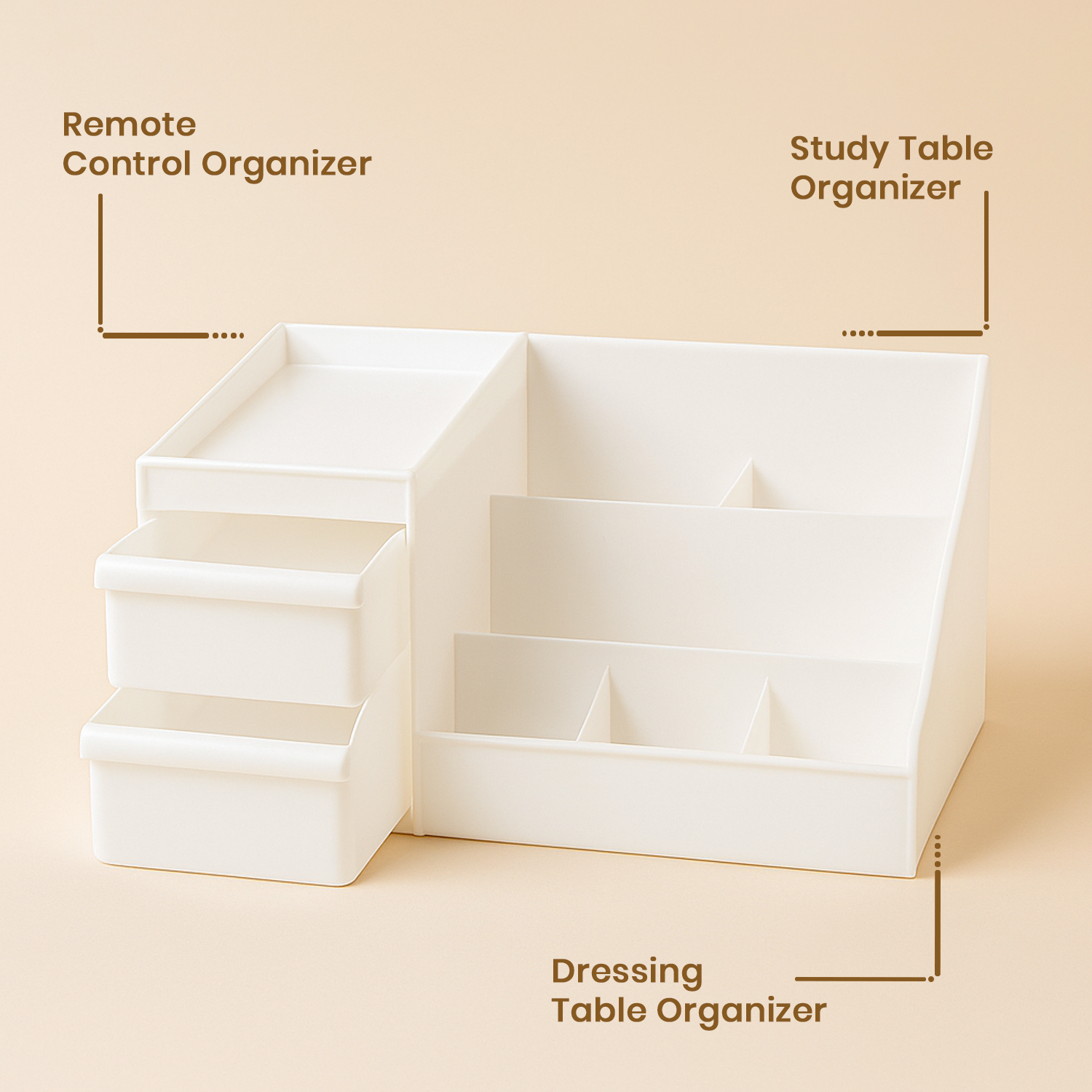 Multi-Purpose Desk Organizer with 2 Drawers and Compartments – Plastic Stationery Storage Box, Makeup & Cosmetic Vanity Case, Remote Control Holder for Home and Office (28cm x 12cm, White) 3