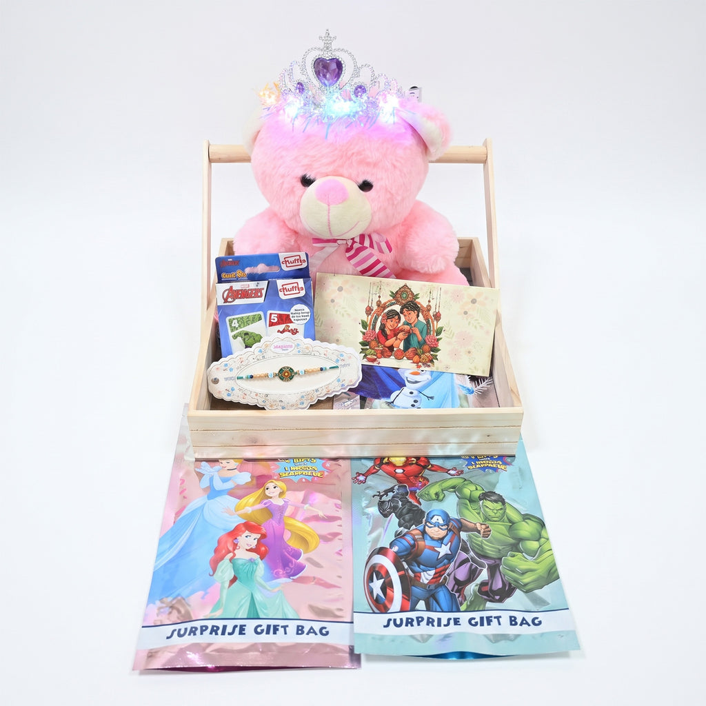 Luxury Raksha Bandhan Gift Hamper for Sister with Illuminated Tiara Teddy Bear & Designer Rakhi
