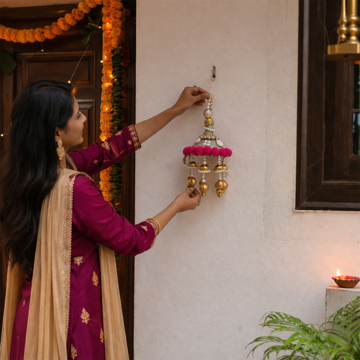 Decorative Wall Hanging Bell Ornament for Home Decor - Traditional Indian Jhumki Style Toran with Pom Poms and Pearl Accents for Diwali, Wedding, Mandir, and Housewarming Decoration, 30cm