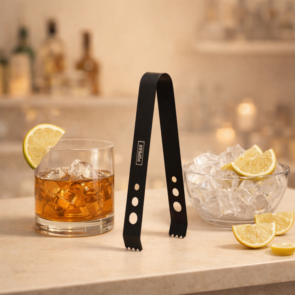 POPBAR Premium Matte Black Ice Tongs | Anti-Slip Grip Stainless Steel Barware 1