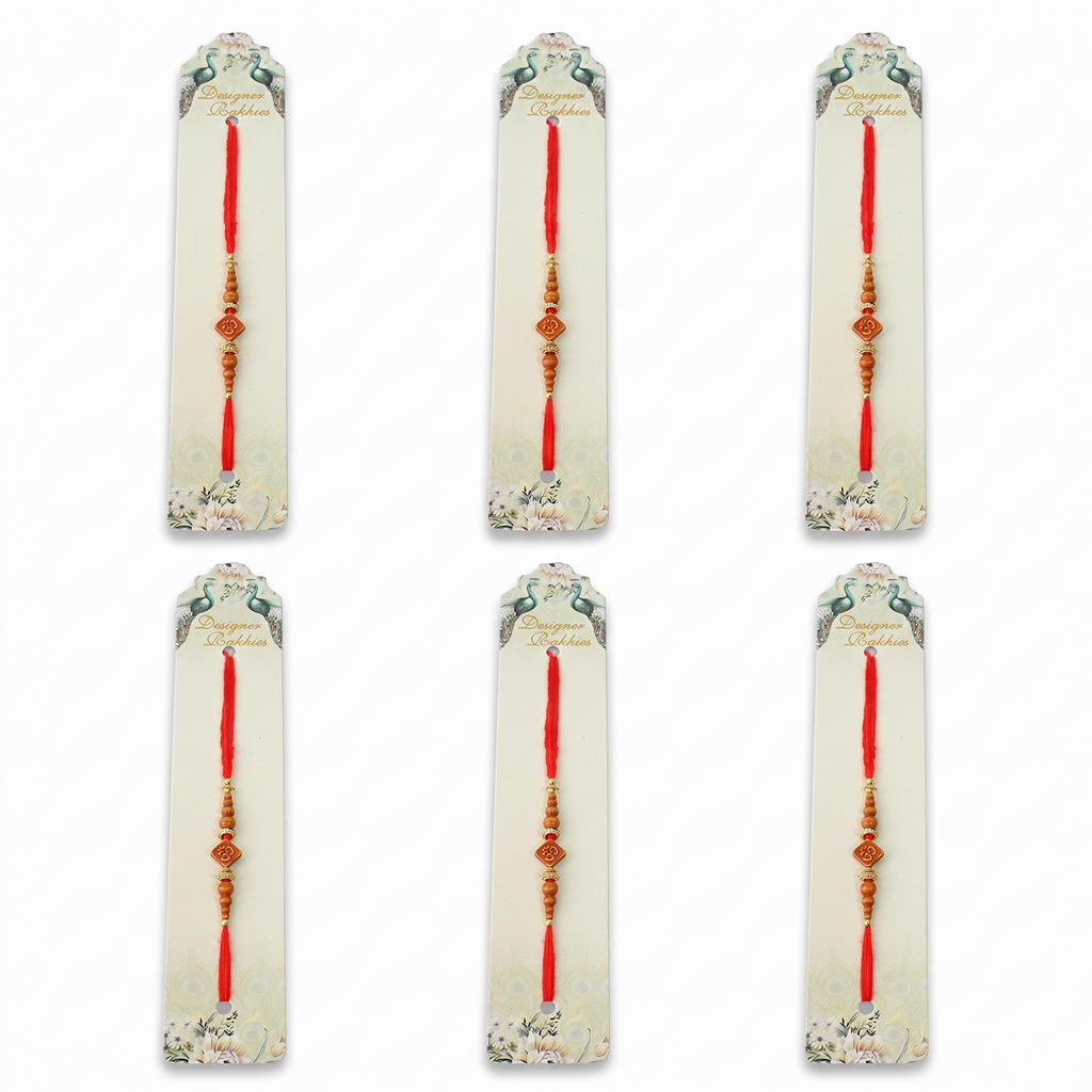 Designer Rakhies Traditional Om Rakhi Set, Wooden Beads with Gold Accents, Red Thread, Pack of 6