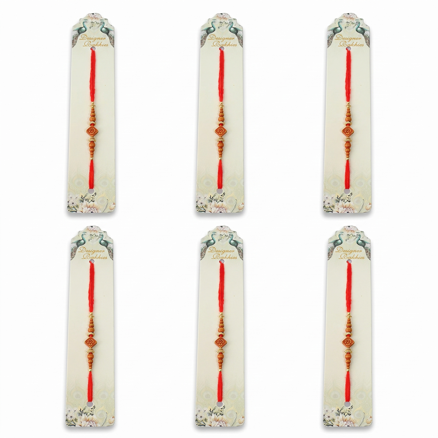 Designer Rakhies Traditional Om Rakhi Set, Wooden Beads with Gold Accents, Red Thread, Pack of 6