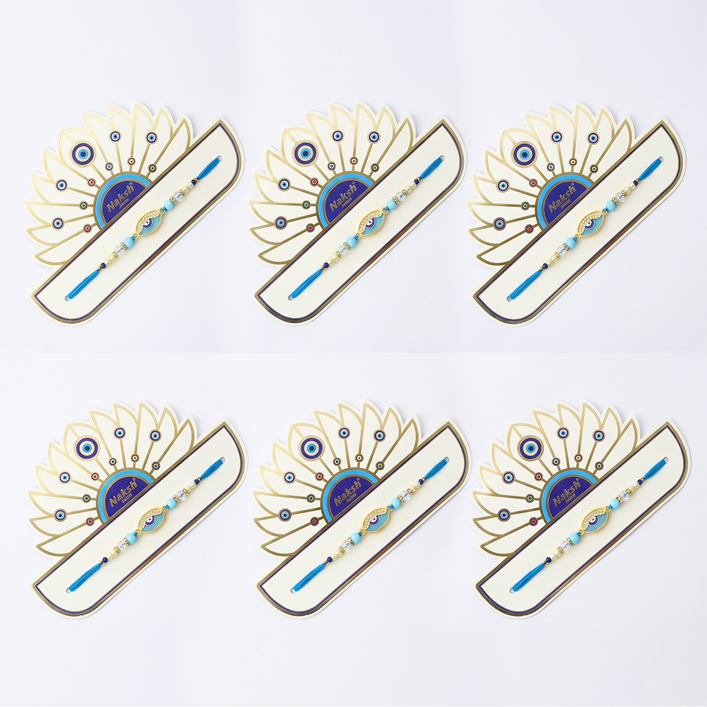 Evil Eye Rakhi Set of 6 for Brother - Nazar Suraksha Blue Beaded Designer Bhaiya Rakhi Combo Pack