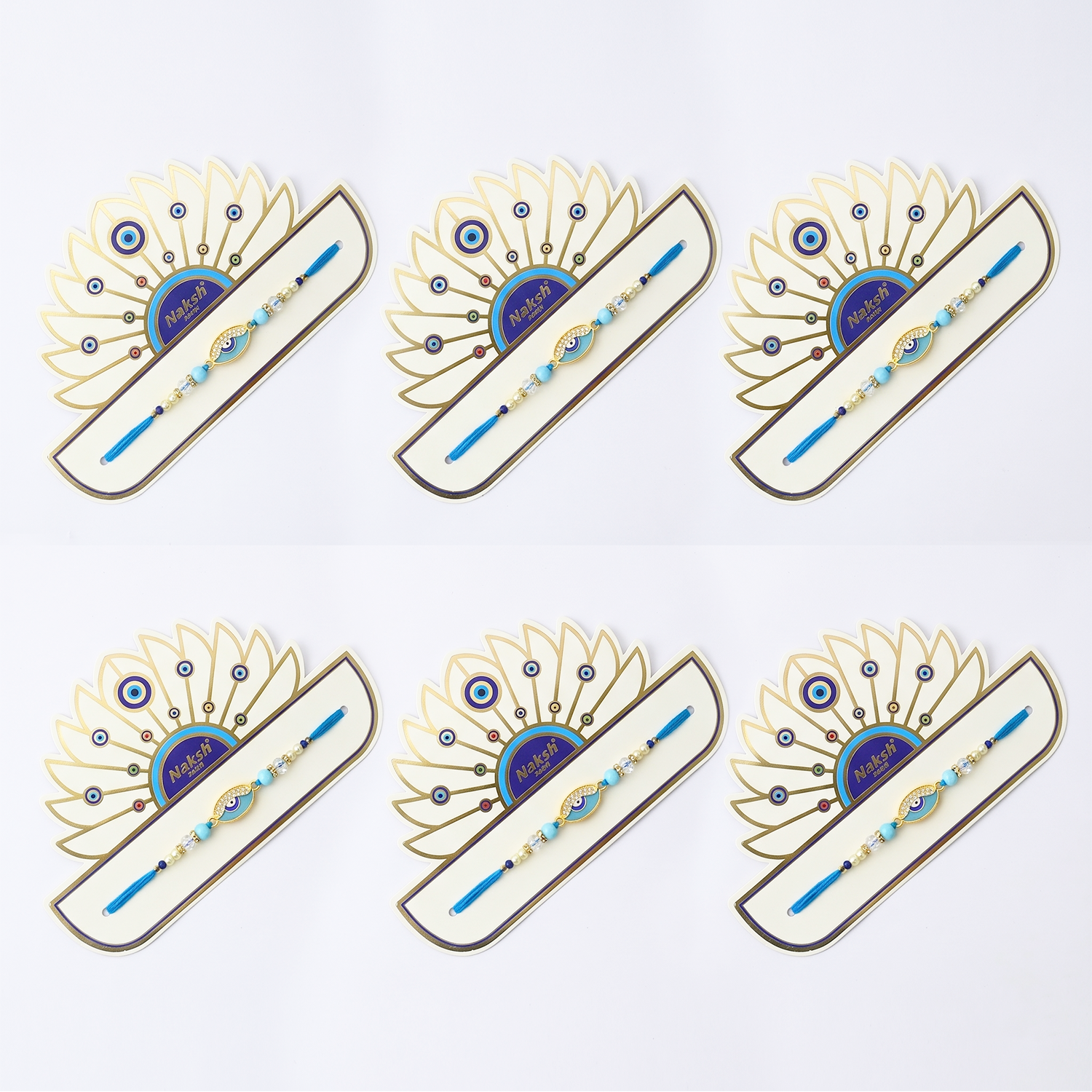 Evil Eye Rakhi Set of 6 for Brother - Nazar Suraksha Blue Beaded Designer Bhaiya Rakhi Combo Pack