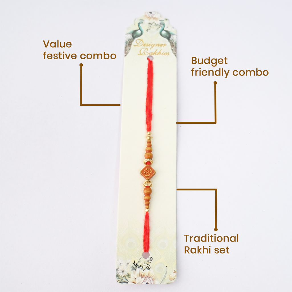 Designer Rakhies Traditional Om Rakhi Set, Wooden Beads with Gold Accents, Red Thread, Pack of 6