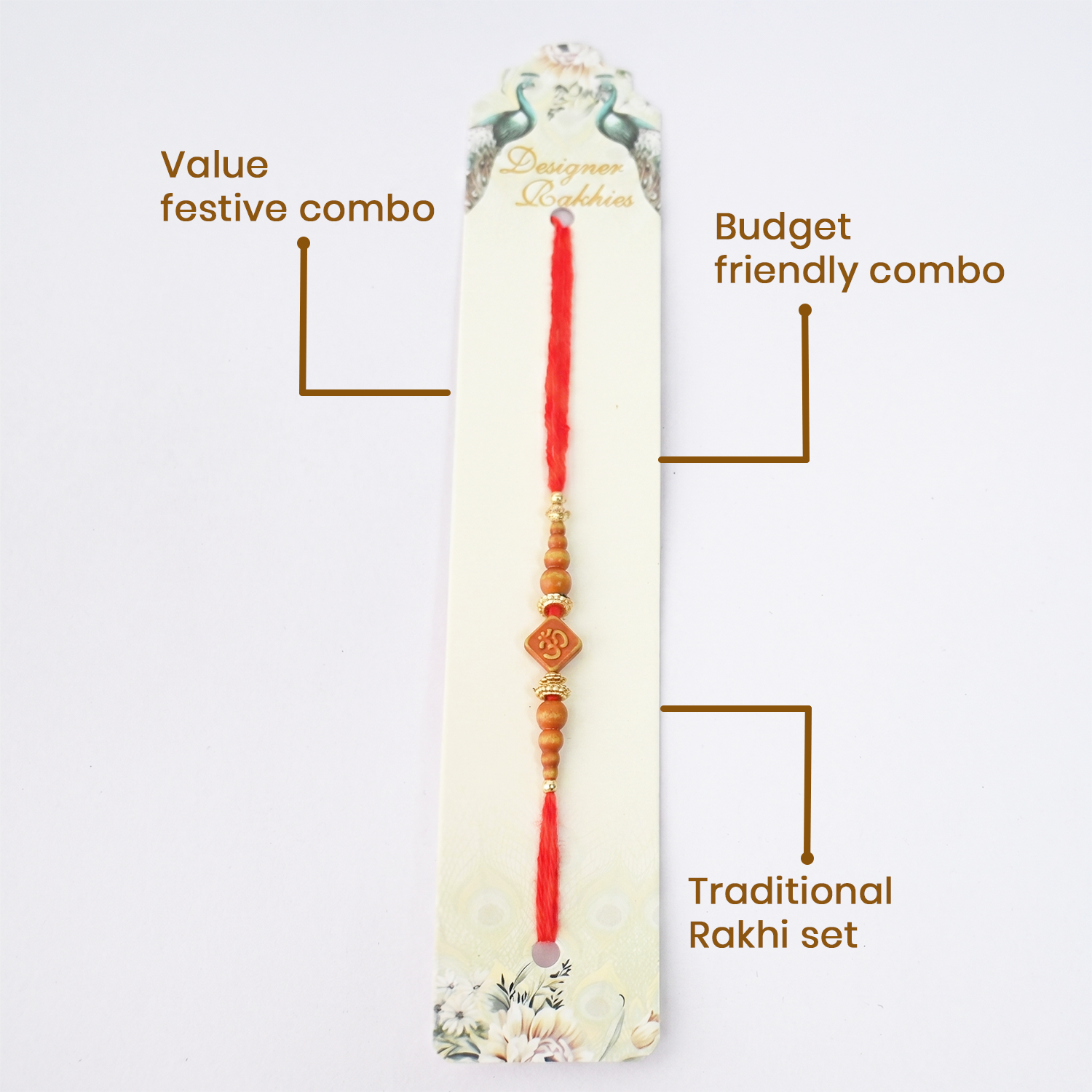 Designer Rakhies Traditional Om Rakhi Set, Wooden Beads with Gold Accents, Red Thread, Pack of 6