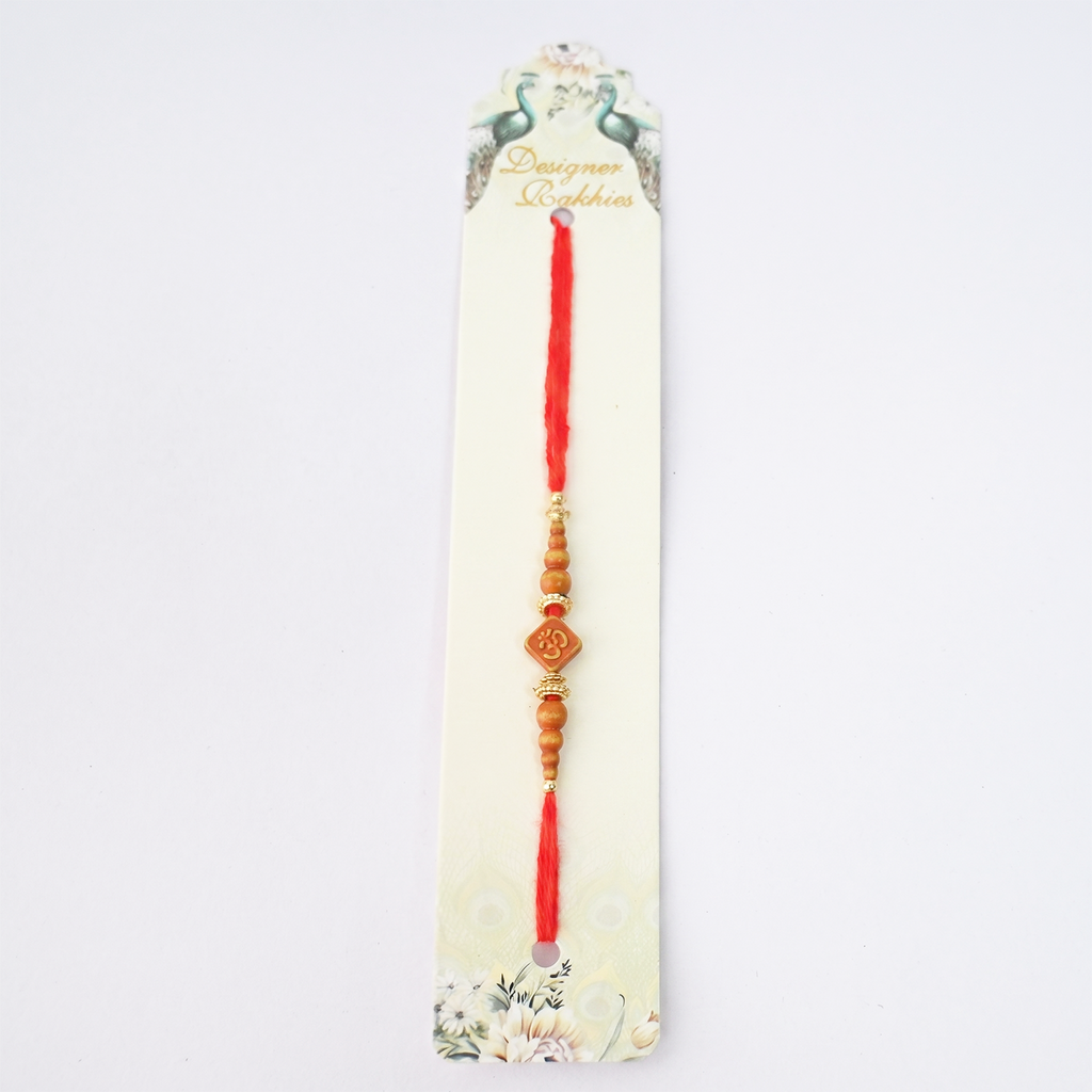 Designer Rakhies Traditional Om Rakhi Set, Wooden Beads with Gold Accents, Red Thread, Pack of 6