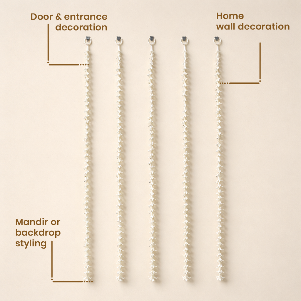 Artificial White Flower Hanging Strings – Decorative Toran for Mandir, Wall Backdrop, Wedding, and Home Entrance (Set of 5, 159 cm)