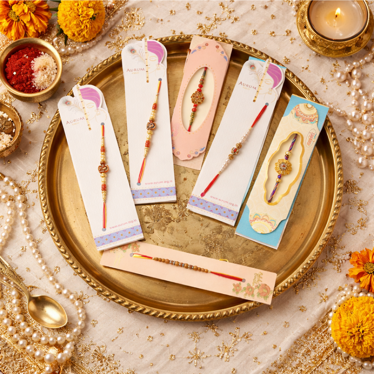 Designer Rakhi Set for Brother - Premium Handmade Rakhi Combo with Festive Packaging for Raksha Bandhan – Traditional Stone, Pearl, and Ethnic Thread Rakhis