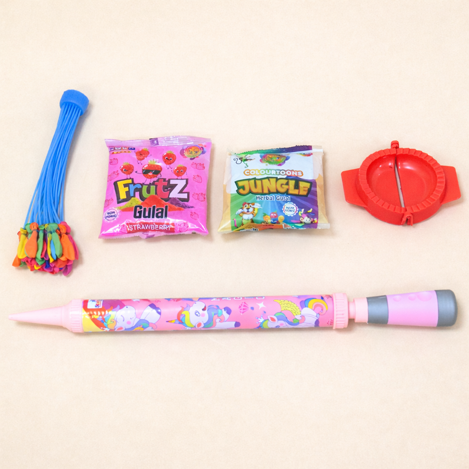 Holi Fun Combo Pack with Long Pichkari, Gulal Colors, Gujiya Maker  & Water Balloons
