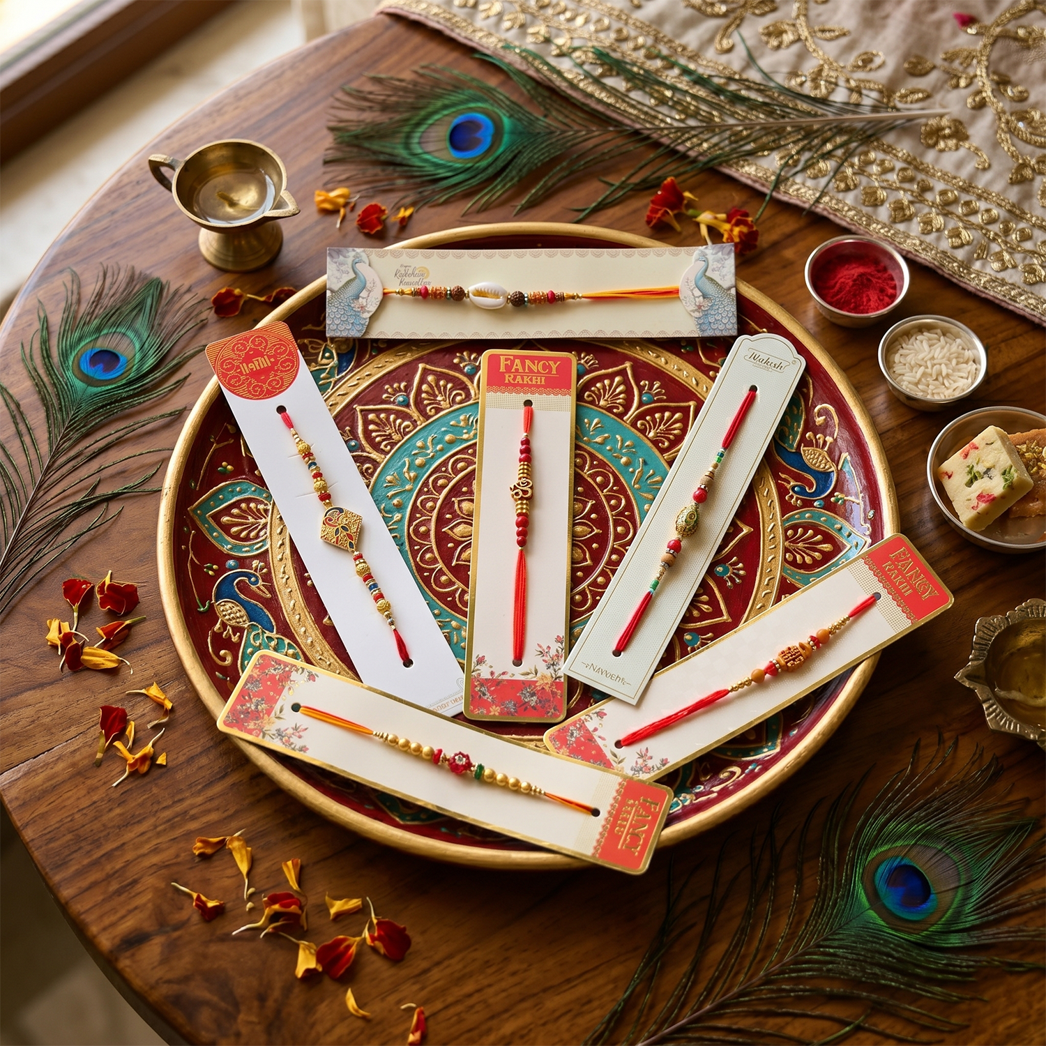 Designer Rakhi Set for Brother - Traditional Handmade Rakhi Combo with Om, Peacock, and Ethnic Beads – Festive Gifting Bundle for Raksha Bandhan