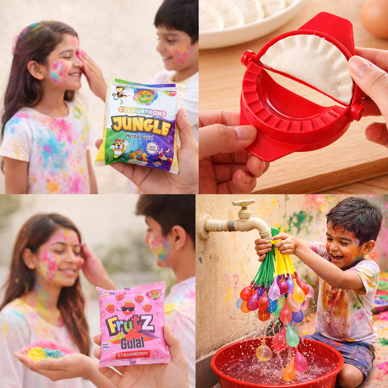 Holi Fun Combo Pack with Long Pichkari, Gulal Colors, Gujiya Maker  & Water Balloons