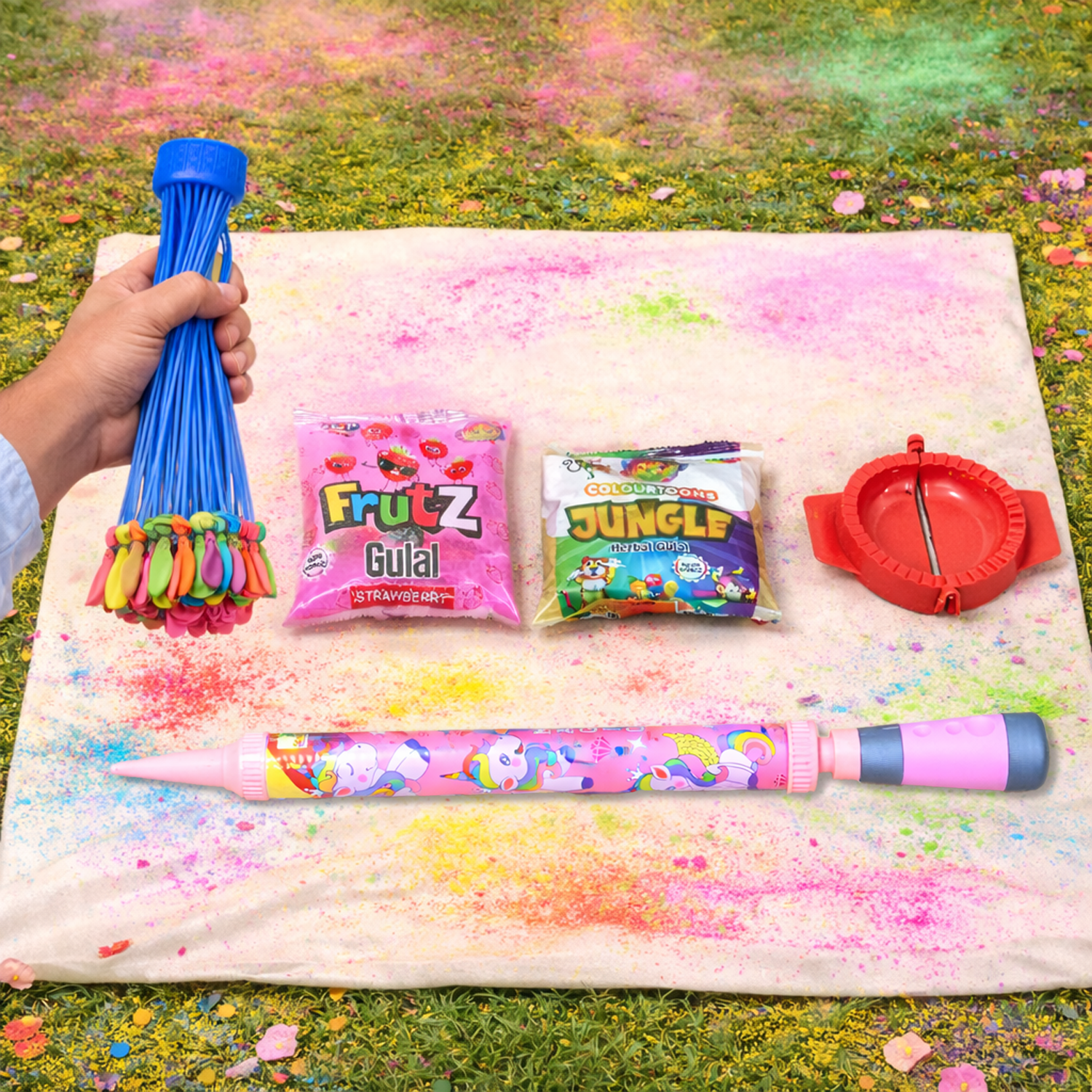 Holi Fun Combo Pack with Long Pichkari, Gulal Colors, Gujiya Maker  & Water Balloons