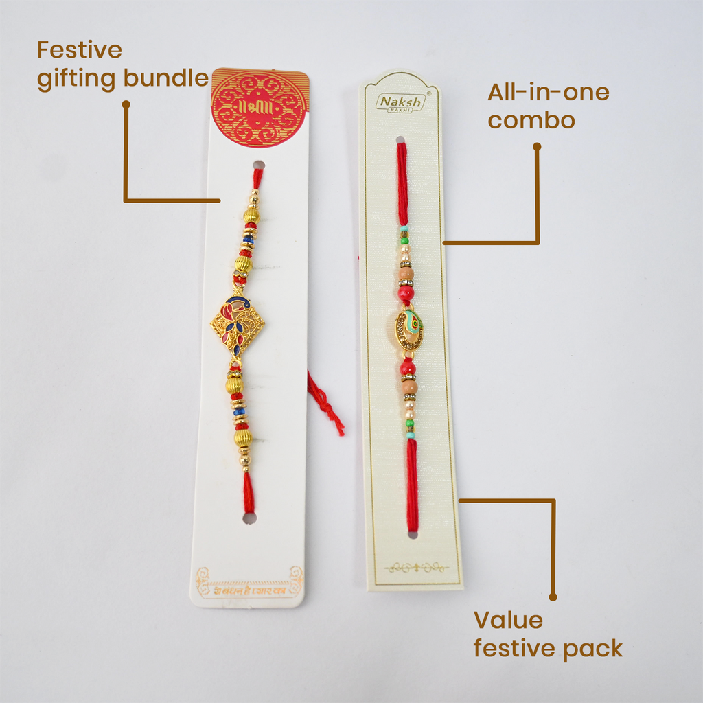 Designer Rakhi Set for Brother - Traditional Handmade Rakhi Combo with Om, Peacock, and Ethnic Beads – Festive Gifting Bundle for Raksha Bandhan