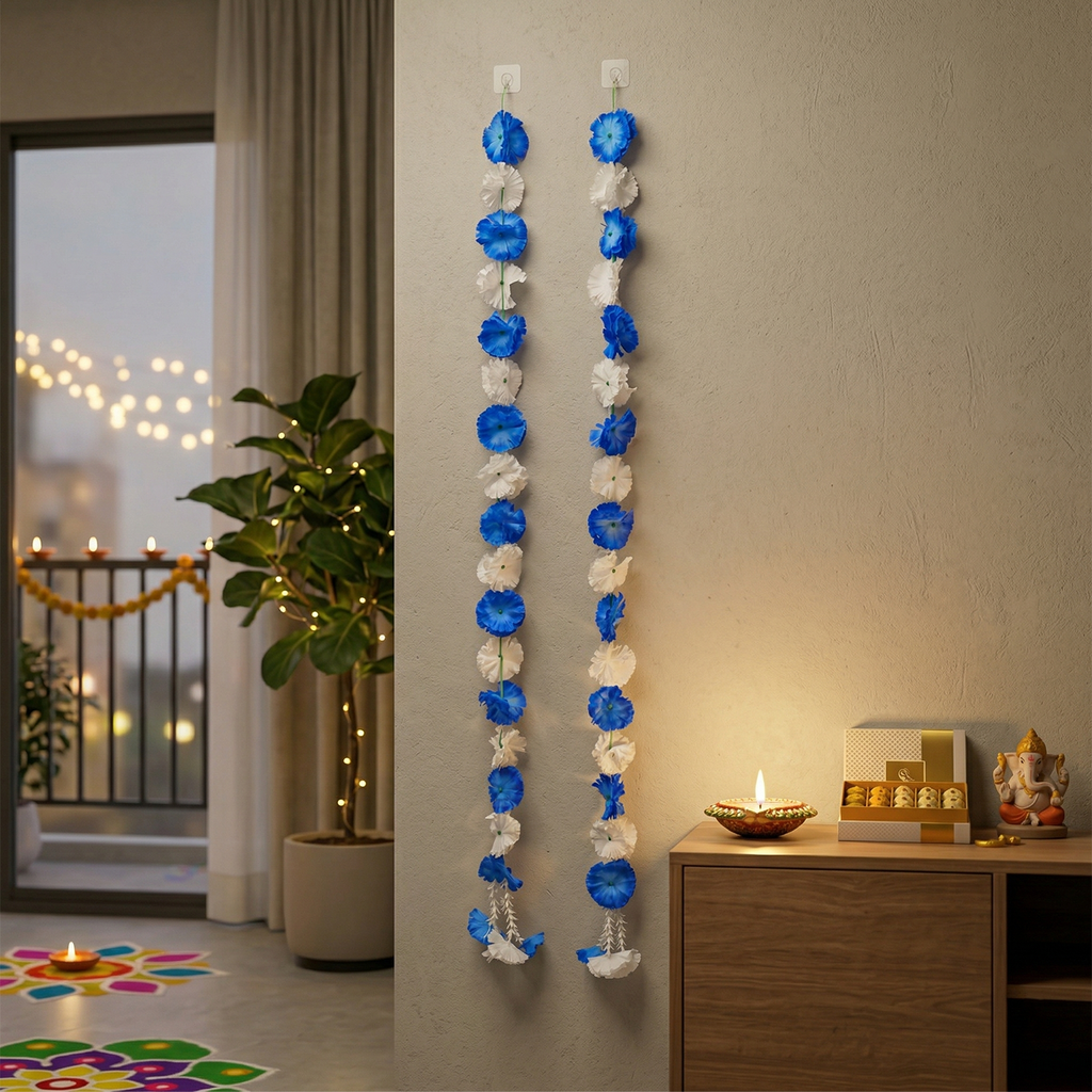Artificial Flower Wall Hanging Strings – Decorative Blue & White Toran for Home, Diwali, Pooja, and Wedding Decor (Set of 2, 153 cm)