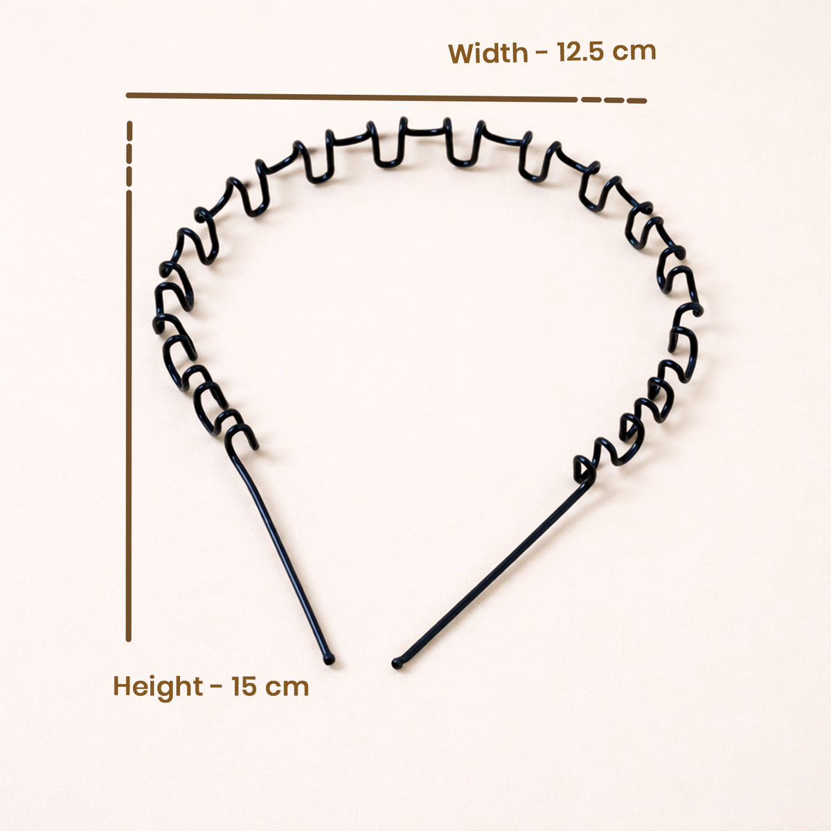 Metal Wave Headband – Non-Slip Black Spring Hair Hoop for Women and Girls, Wavy Teeth Design for Secure Daily Hairstyling, 12.5 cm x 15 cm (Pack of 5)