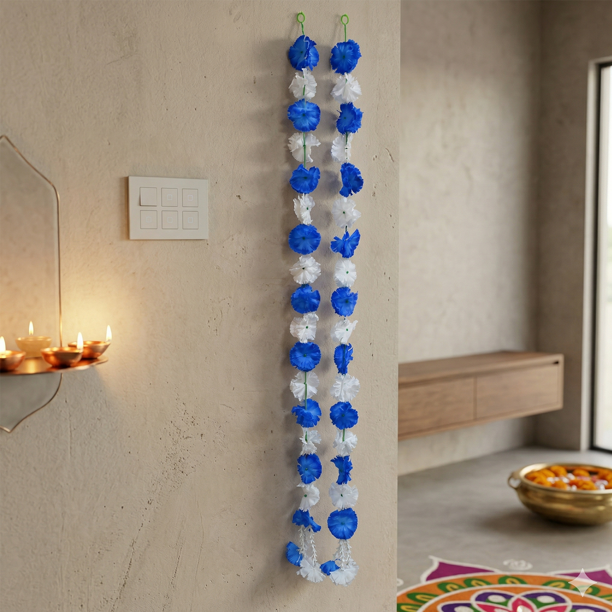 Artificial Flower Wall Hanging Strings – Decorative Blue & White Toran for Home, Diwali, Pooja, and Wedding Decor (Set of 2, 153 cm)