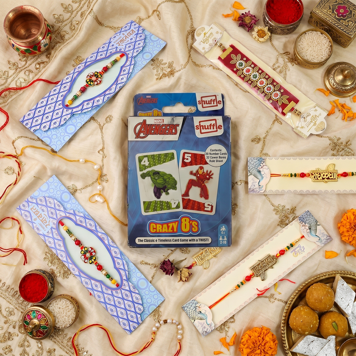 Kids Rakhi Special: 6 Ethnic Rakhi Threads with Avengers Crazy 8's Card Game Combo