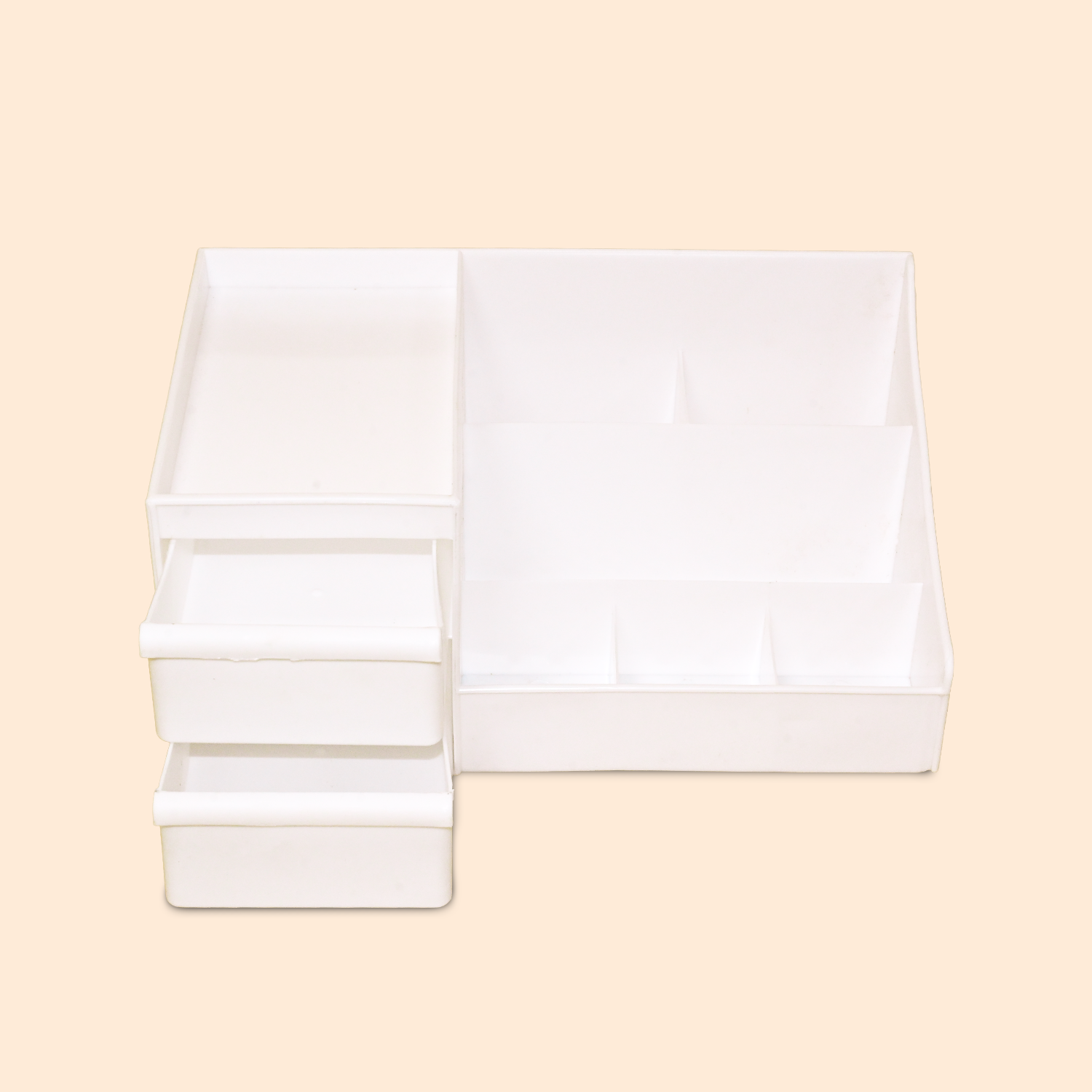 Multi-Purpose Desk Organizer with 2 Drawers and Compartments – Plastic Stationery Storage Box, Makeup & Cosmetic Vanity Case, Remote Control Holder for Home and Office (28cm x 12cm, White) 2