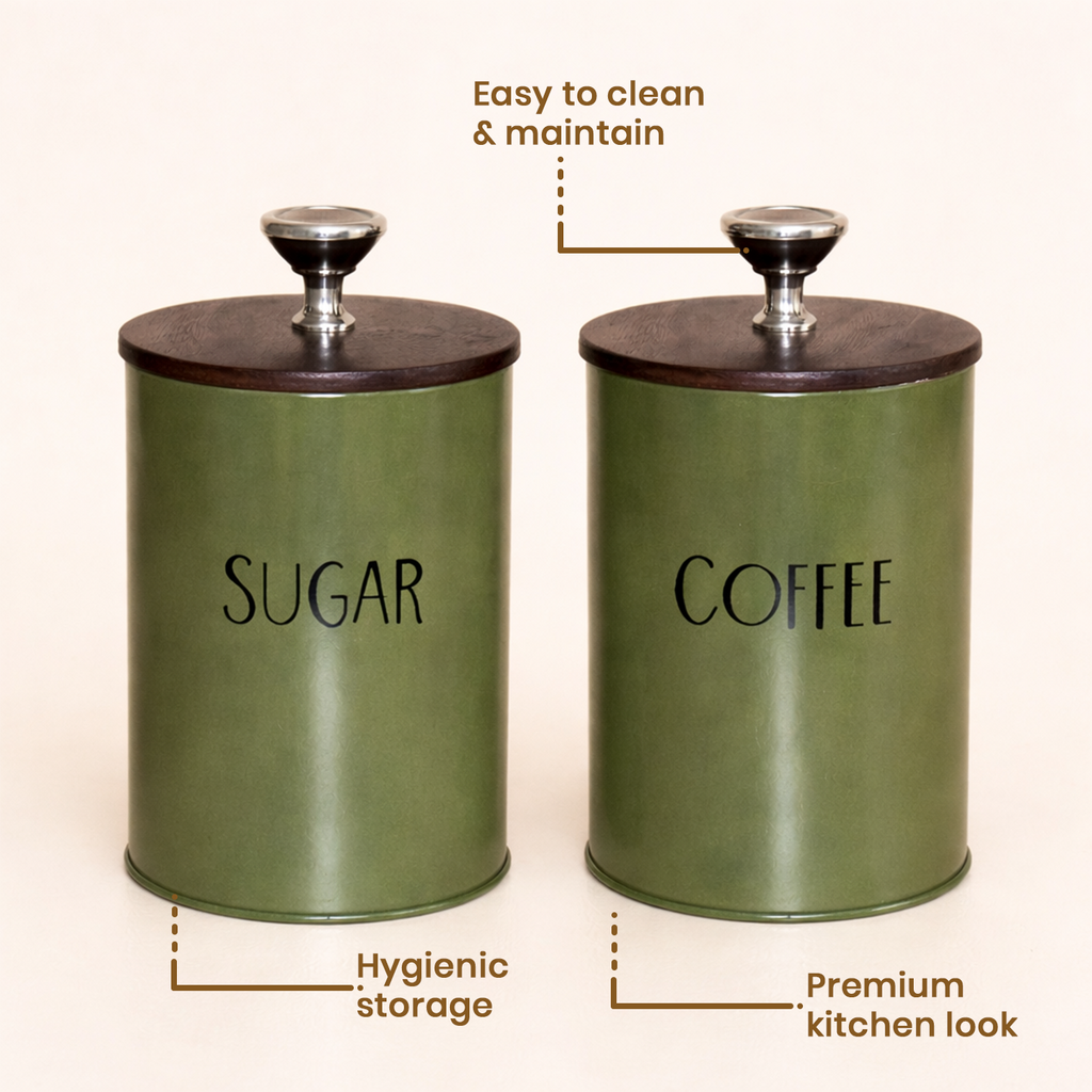 Sugar & Coffee Container Jar With Air Tight Wooden Lids (Green)