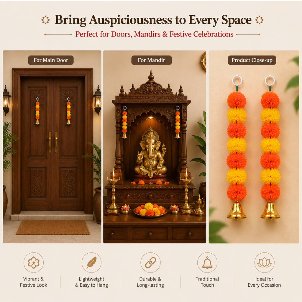 Artificial Marigold Flower Garland with Golden Bell, Orange & Yellow, Mandir, Door, Balcony & Window Decor, Set of 2
