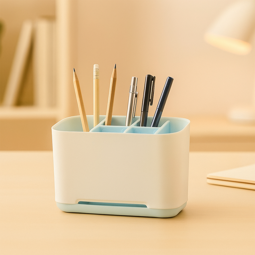 Multi-Purpose Desktop & Bathroom Organizer – Sleek White & Blue Multi-Compartment Caddy 1