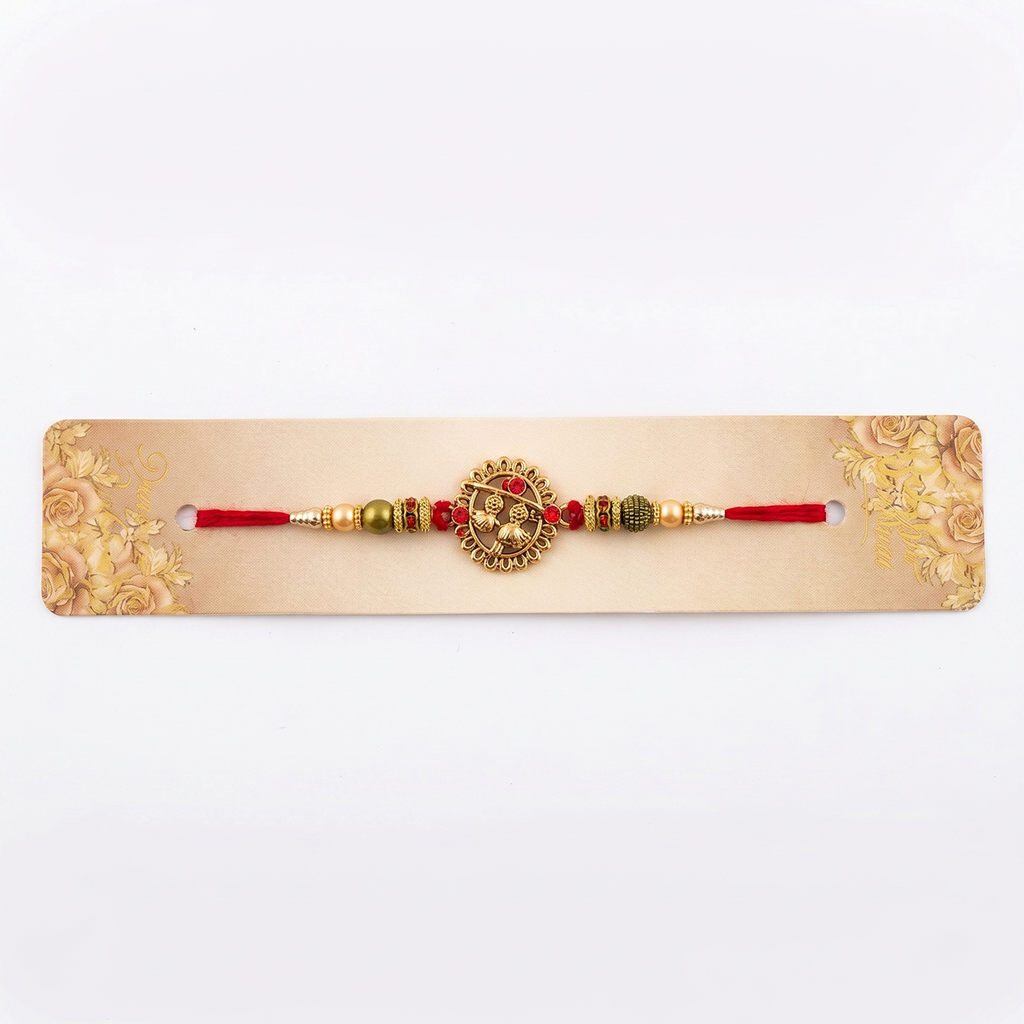 Antique Gold Rakhi, Bulk Combo Pack of 6, Red Thread, Beaded Design, Budget Festive Bracelet