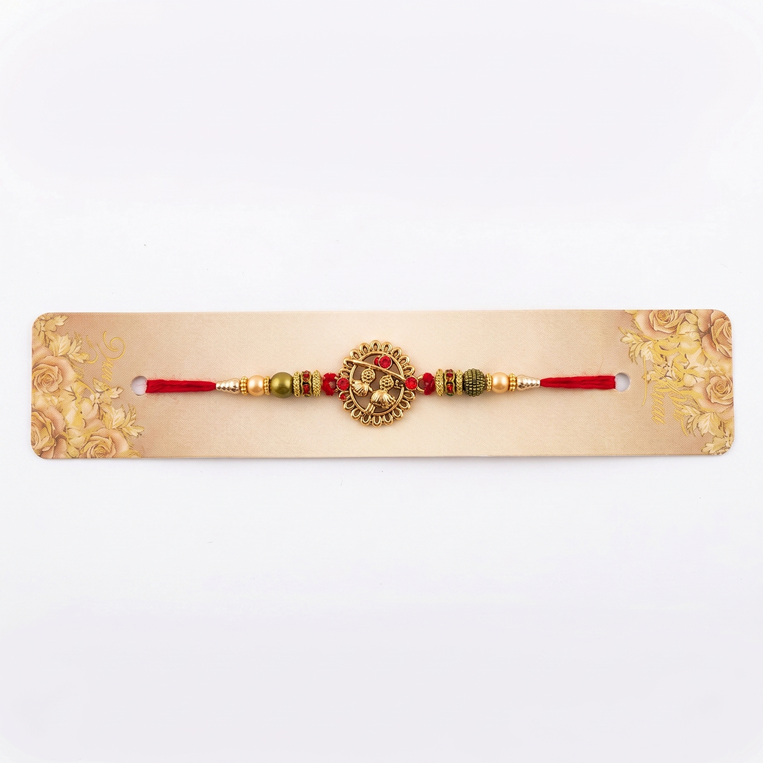 Antique Gold Rakhi, Bulk Combo Pack of 6, Red Thread, Beaded Design, Budget Festive Bracelet
