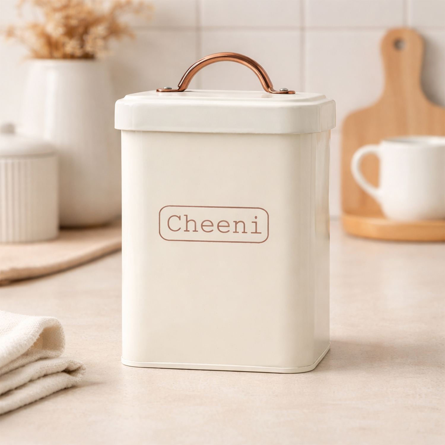 Cheeni Sugar Container Jar – Airtight Metal Kitchen Canister with Copper Handle – 1100ml