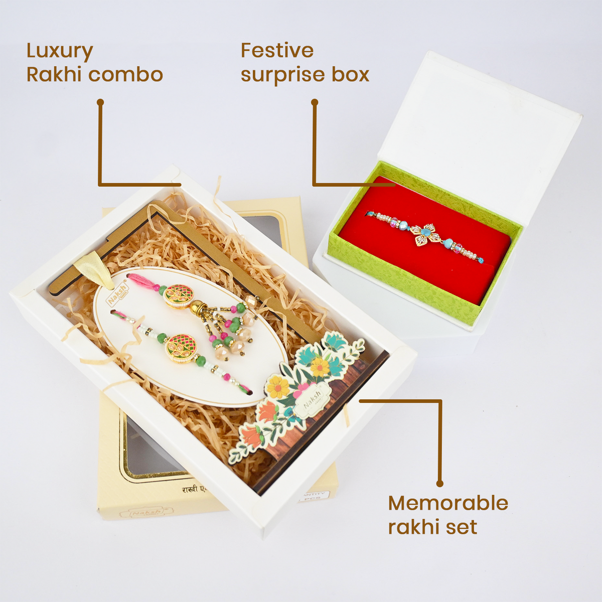 Luxury Rakhi Combo Set with Bhaiya Bhabhi Rakhi, Festive Surprise Gift Box, Multicolour