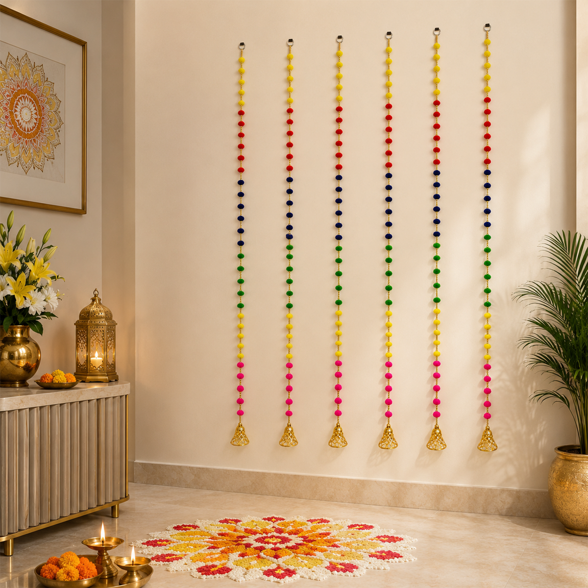 Multicolor Pom Pom Hanging Decor for Door & Entrance – Decorative Festive Strings with Bells for Diwali, Wedding, and Home Decoration, 132 cm