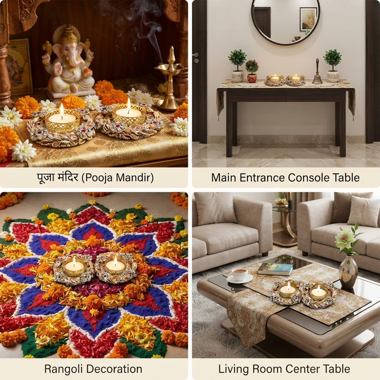 Decorative Tealight Candle Holder Set for Home Decor – Handcrafted Metal Diya Stand with Stone Embellishments for Diwali, Pooja, and Festive Gifting (Set of 2, 11 cm)
