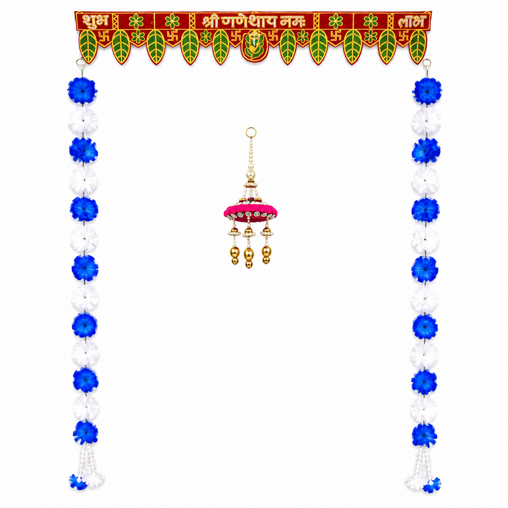 Artificial Flower Toran Set for Door Entrance – Decorative Shubh Labh Hanging with Side Strings for Diwali, Wedding, and Home Decor (Blue & White)