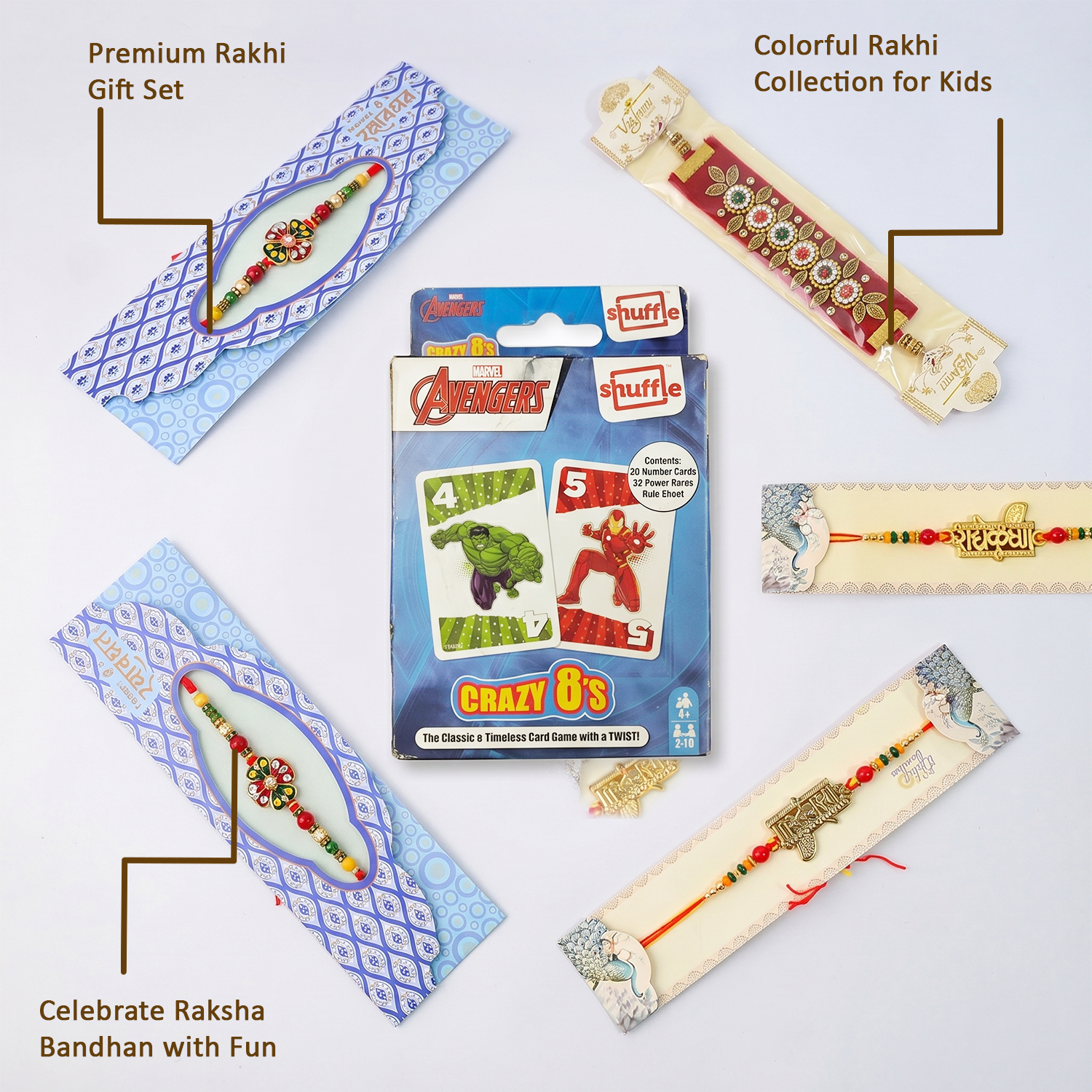 Kids Rakhi Special: 6 Ethnic Rakhi Threads with Avengers Crazy 8's Card Game Combo