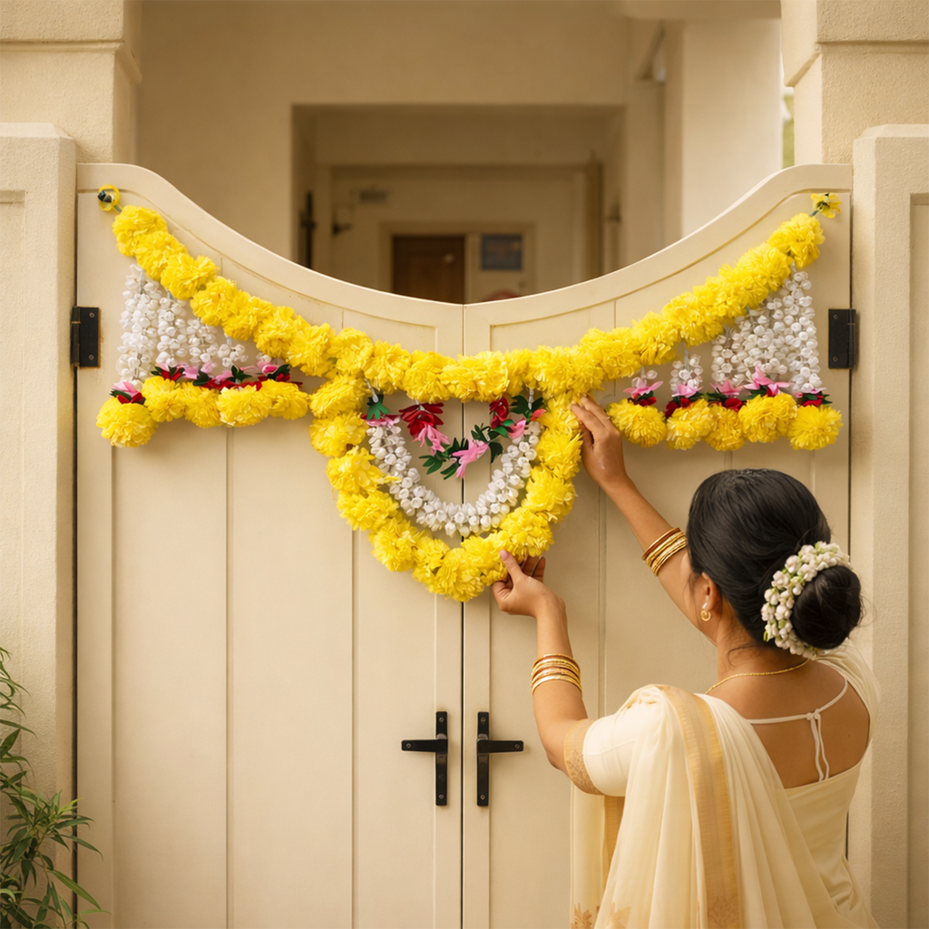 Artificial Marigold Door Toran for Main Entrance - 82 cm Festive Hanging Decoration for Diwali, Wedding, Housewarming, and Home Decor (Yellow & White)