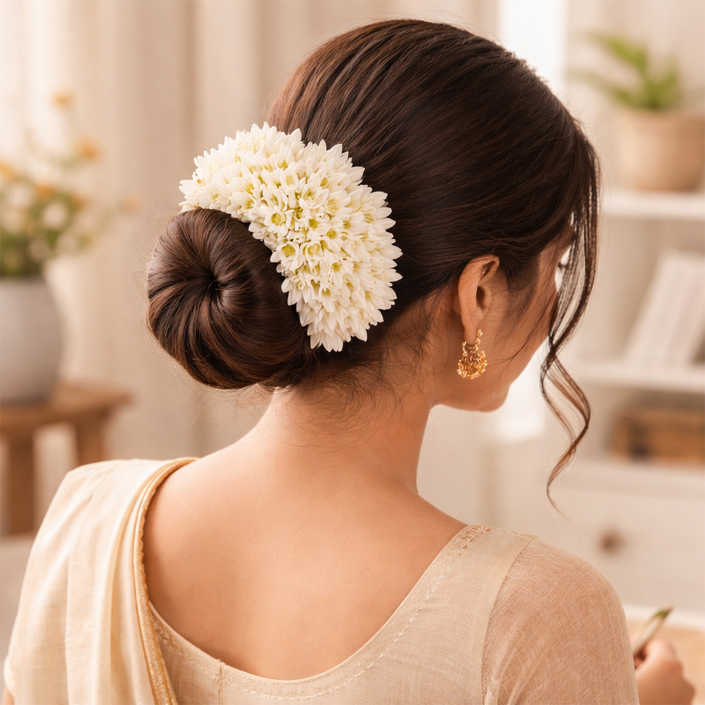 Artificial Mogra Gajra Hair Accessory for Bridal Bun, Wedding Flower Juda, Floral Hair Bun Decoration for Women, 9 cm Diameter, Jasmine Flower