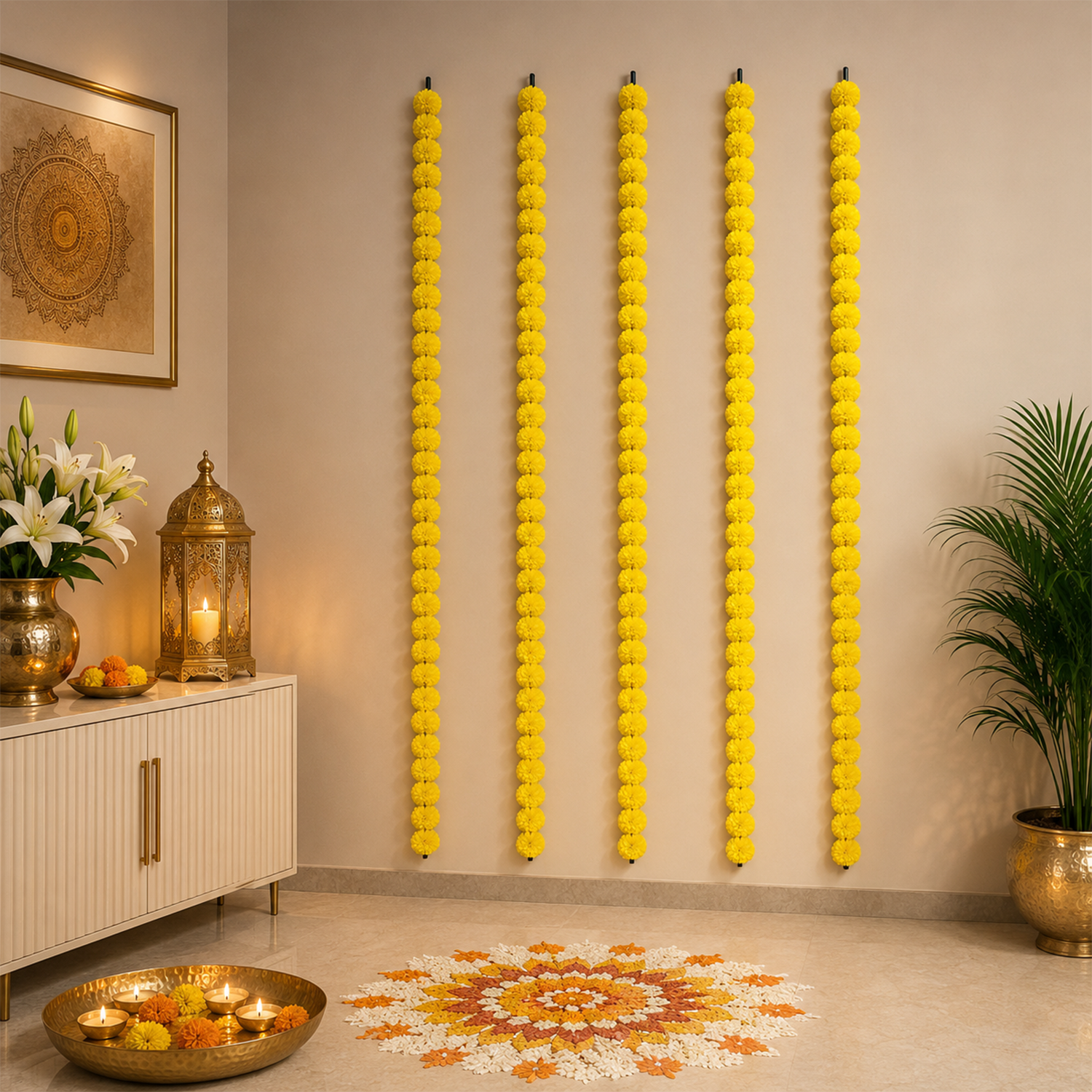 Artificial Marigold Flower Garlands for Decoration - 130cm Pack of 5, Decorative Floral Strings for Diwali, Wedding, Festival, and Home Door Hanging Decor (Yellow)
