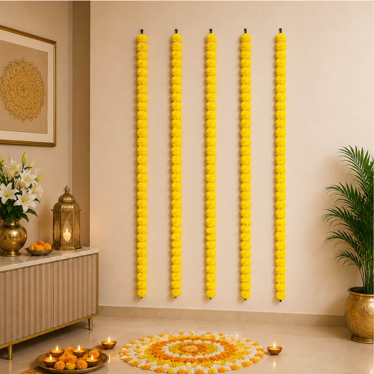 Artificial Marigold Flower Garlands for Decoration - 130cm Pack of 5, Decorative Floral Strings for Diwali, Wedding, Festival, and Home Door Hanging Decor (Yellow)