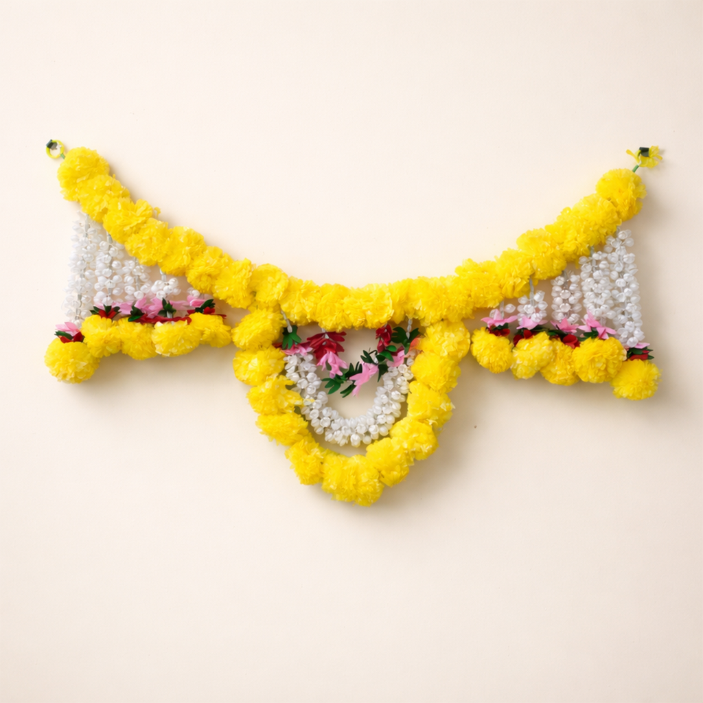 Artificial Marigold Door Toran for Main Entrance - 82 cm Festive Hanging Decoration for Diwali, Wedding, Housewarming, and Home Decor (Yellow & White)