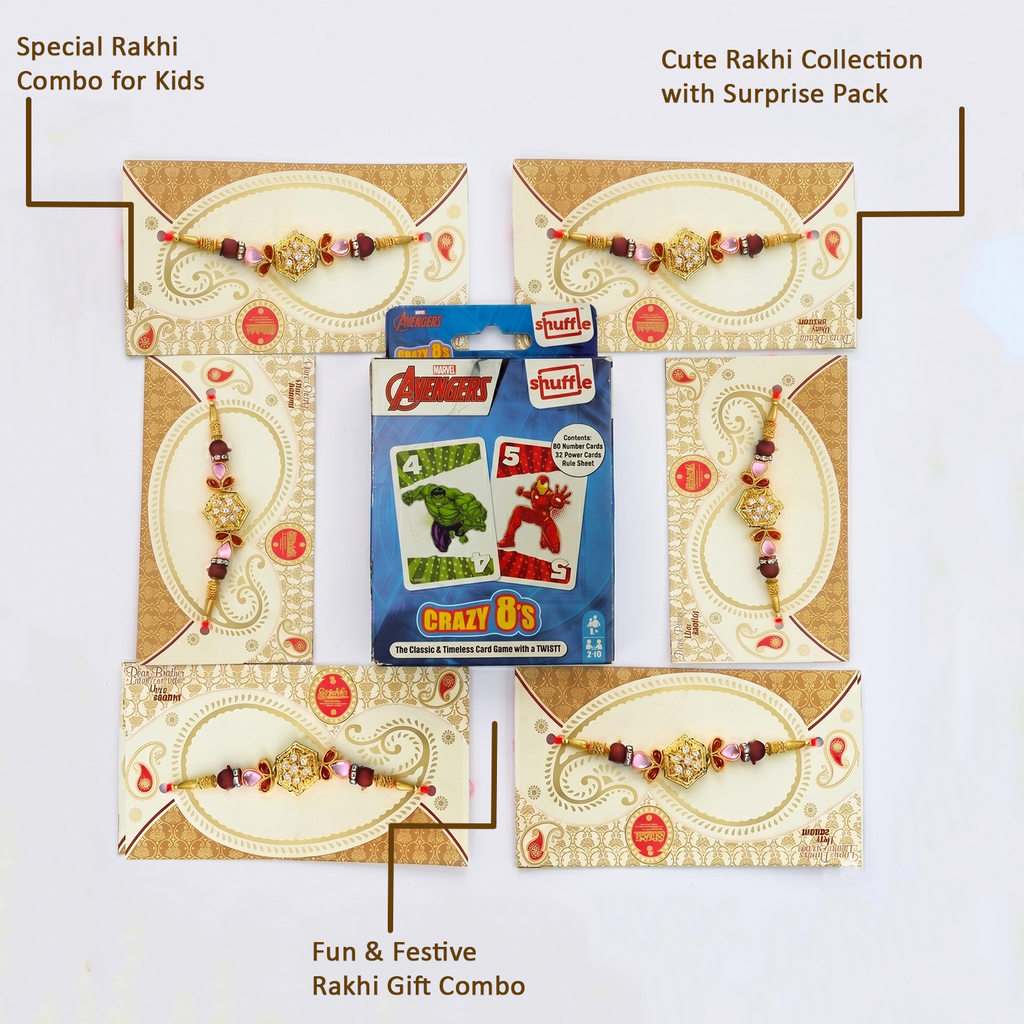 Kids Rakhi Special: 6 Designer Rakhi Threads with Crazy 8's Card Game
