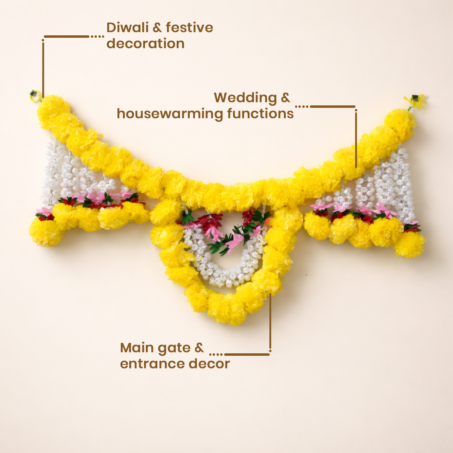Artificial Marigold Door Toran for Main Entrance - 82 cm Festive Hanging Decoration for Diwali, Wedding, Housewarming, and Home Decor (Yellow & White)