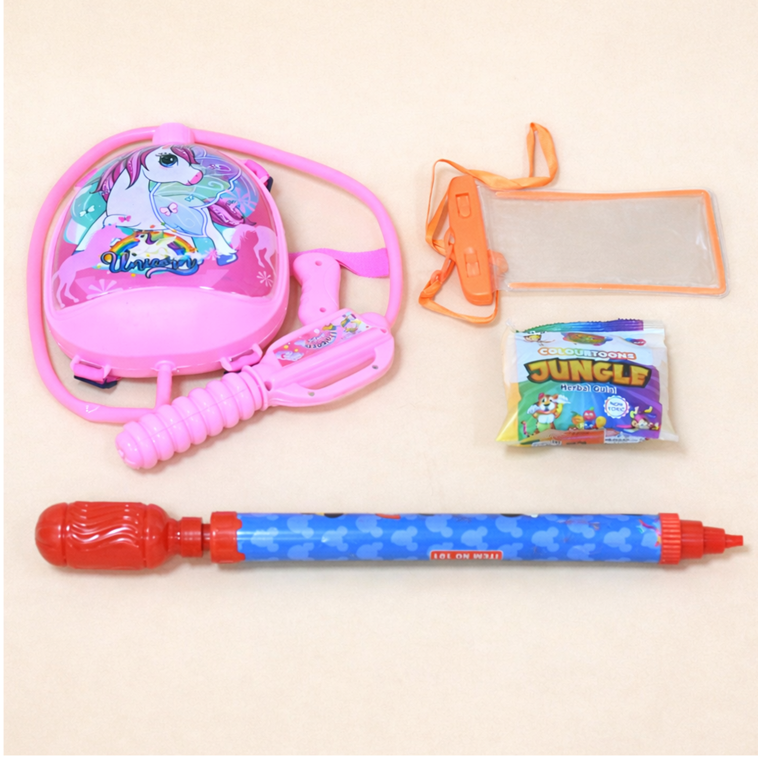 Holi Combo Pack for Kids with Backpack Water Gun, Long Pichkari & Herbal Gulal Set With Transparent Pouch for Mobile