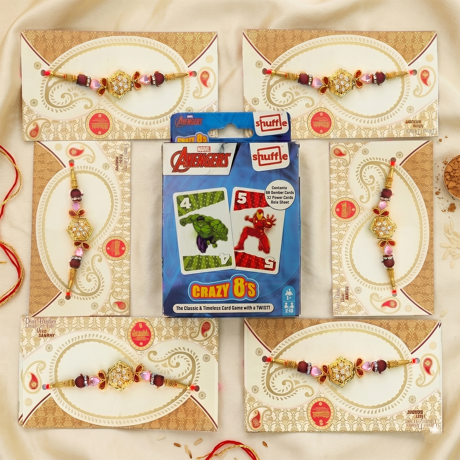Kids Rakhi Special: 6 Designer Rakhi Threads with Crazy 8's Card Game