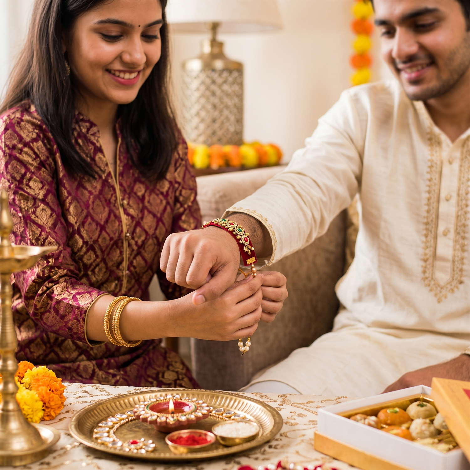 Premium Floral AD Stone Rakhi Set of 6 for Brother - Designer American Flower Bhaiya Rakhi Combo Pack