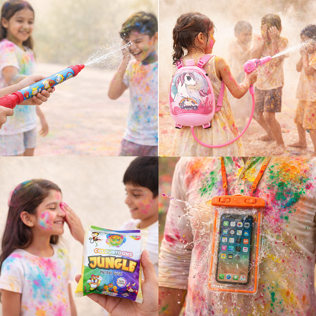 Holi Combo Pack for Kids with Backpack Water Gun, Long Pichkari & Herbal Gulal Set With Transparent Pouch for Mobile