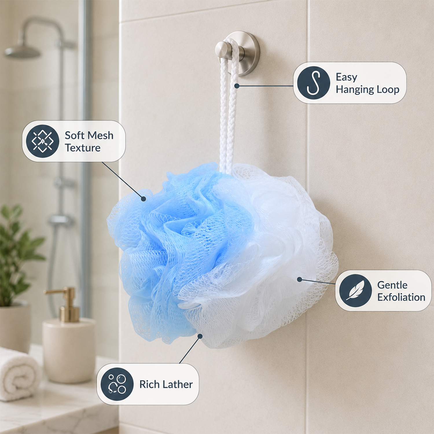 Bath Sponge Loofah - Soft Mesh Shower Pouf for Gentle Exfoliation, Body Scrubbing, and Deep Cleaning - Durable Hanging Design for Bathroom Essentials