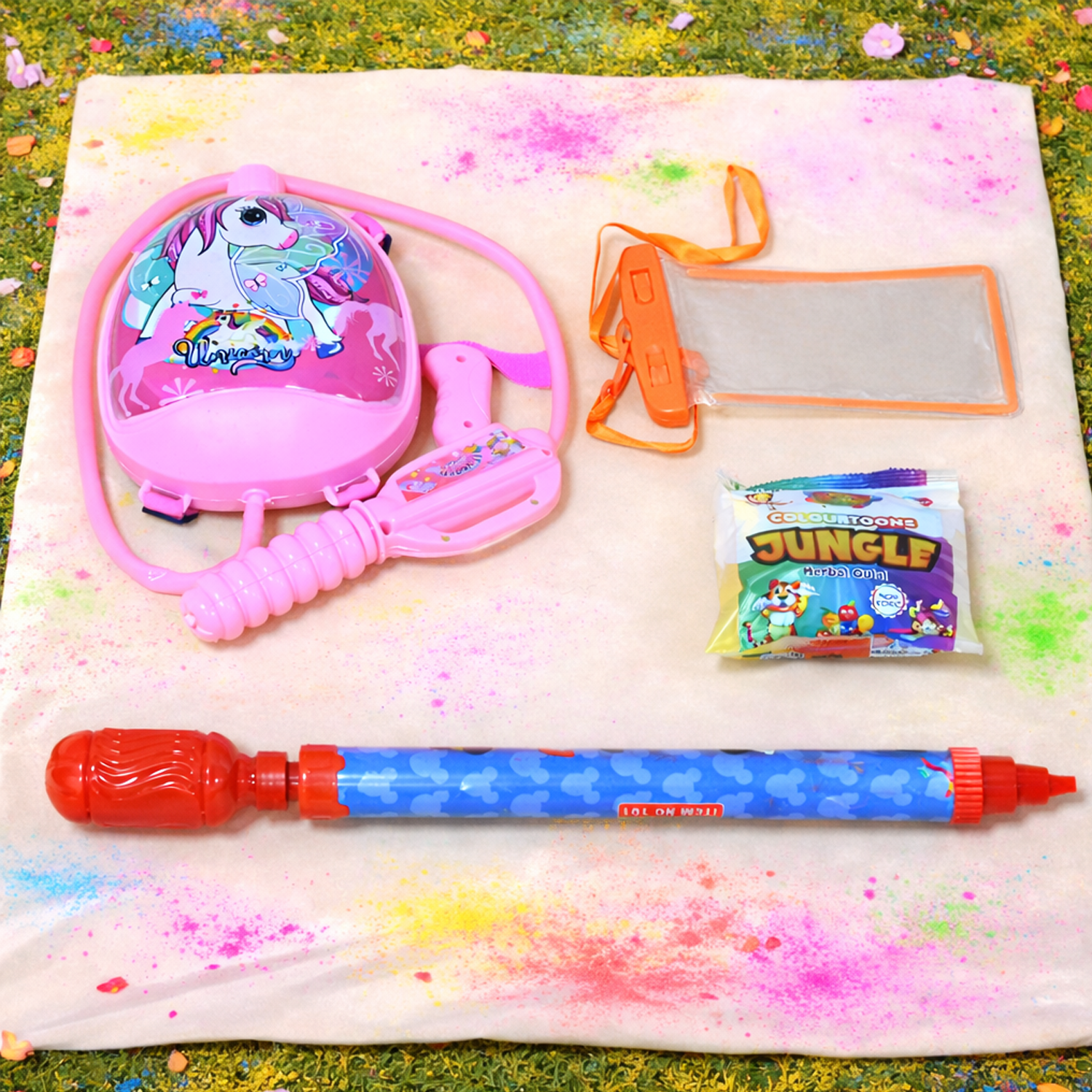 Holi Combo Pack for Kids with Backpack Water Gun, Long Pichkari & Herbal Gulal Set With Transparent Pouch for Mobile