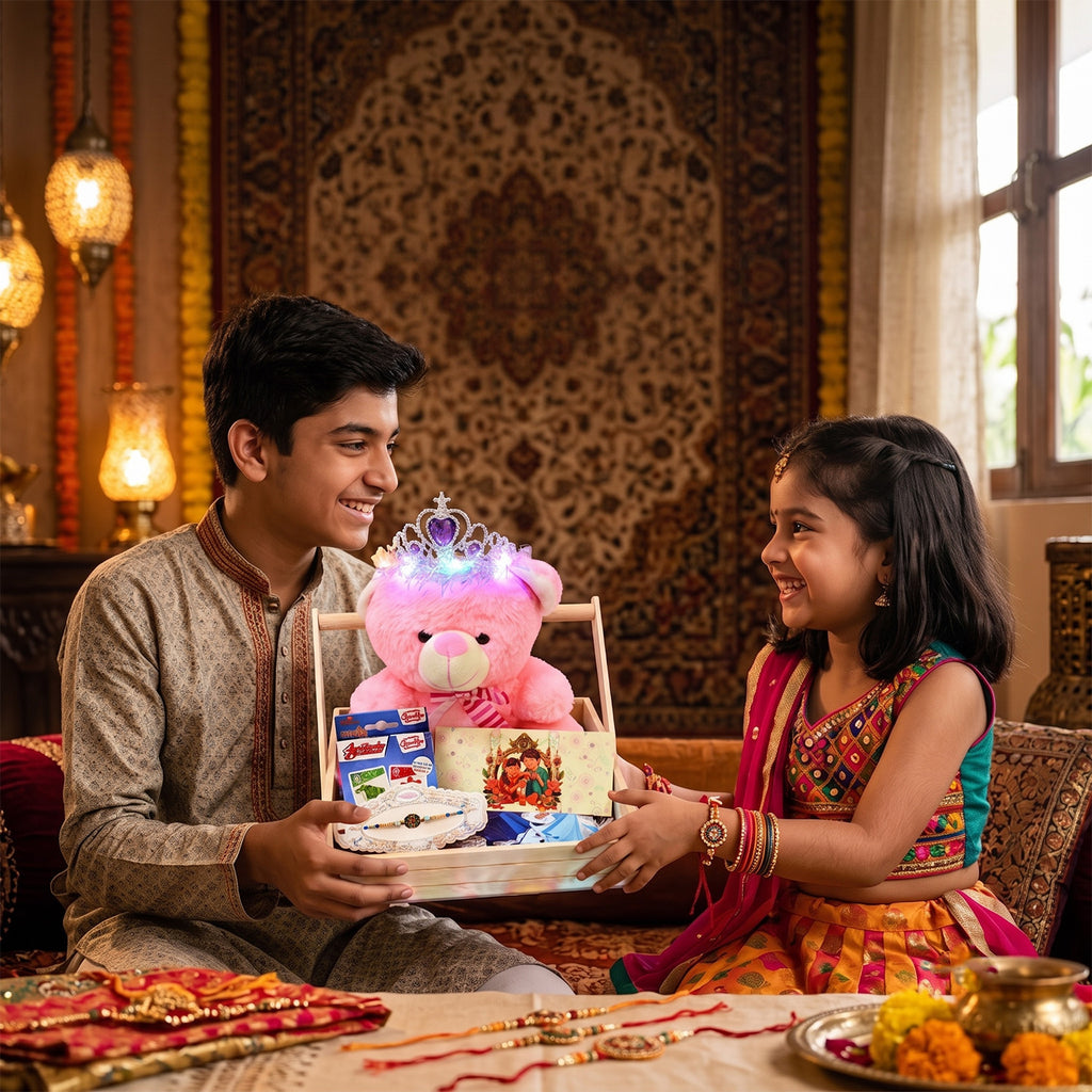 Luxury Raksha Bandhan Gift Hamper for Sister with Illuminated Tiara Teddy Bear & Designer Rakhi